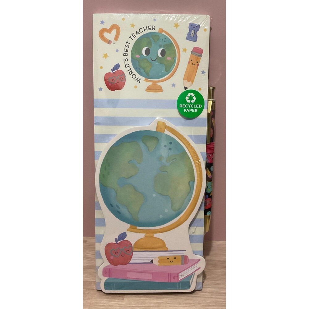 New School Themed Lined Notepad Set with Colorful Pen Teacher Gift Desk